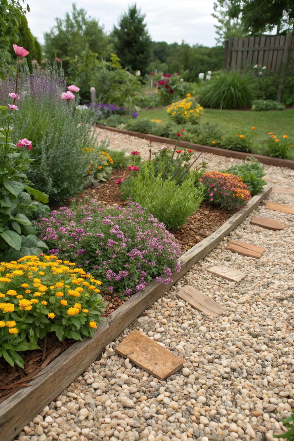 Lush seedling beds enhanced by the contrast of rock and compost.