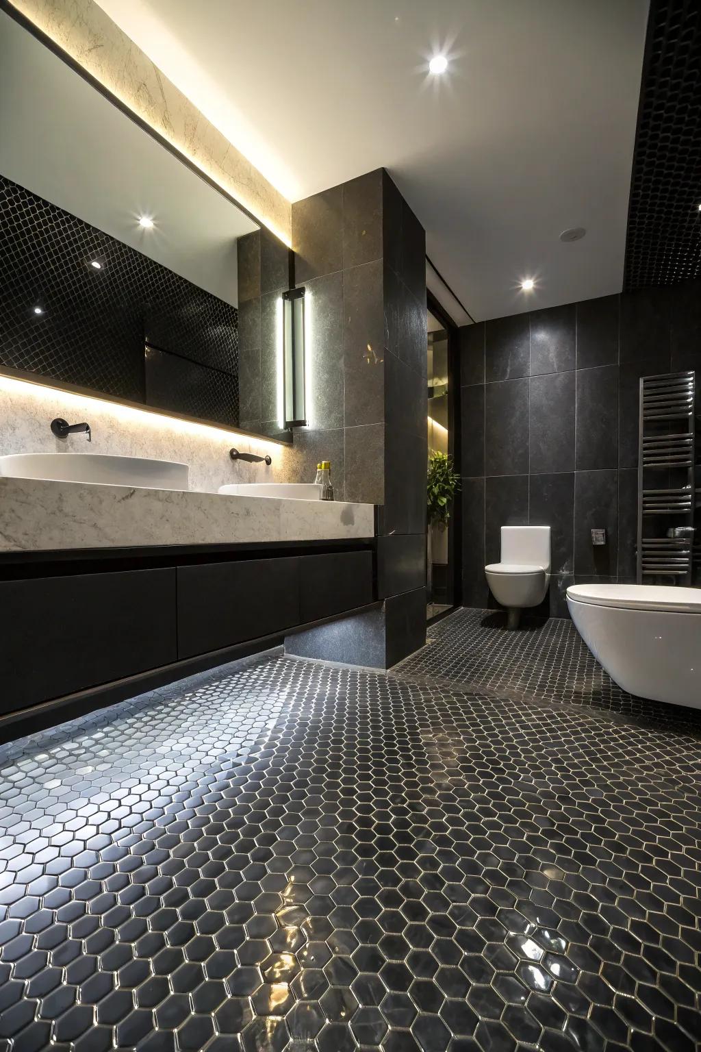 Sophisticated and dramatic bathroom featuring black penny tiles.