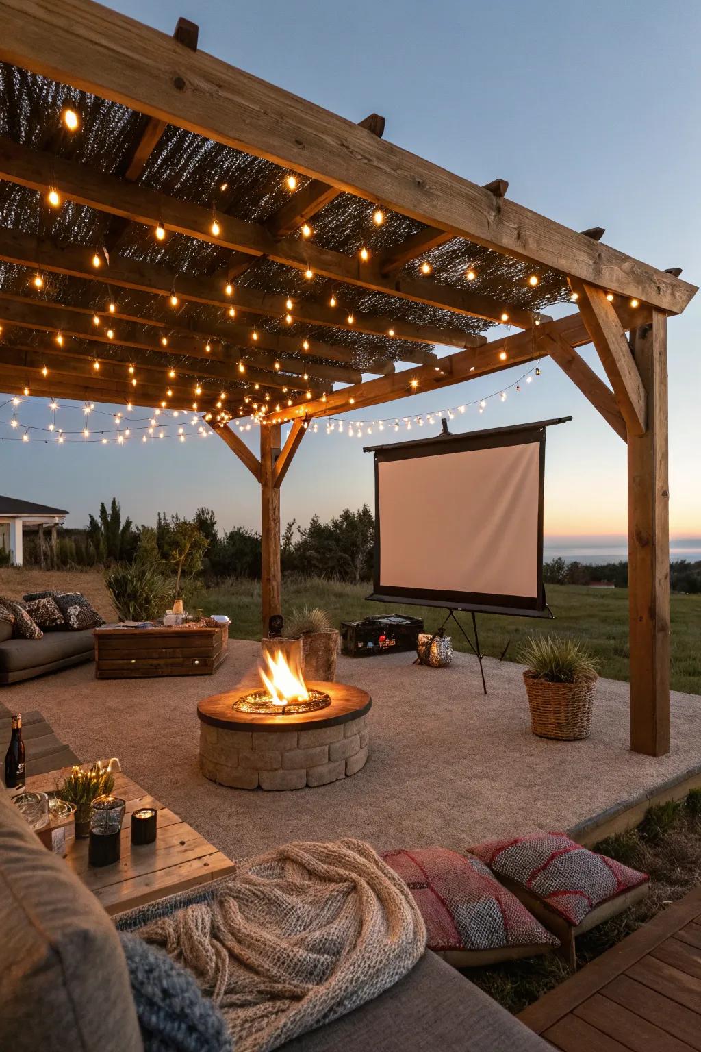 Experience outdoor cinema magic with a hearth pergola.