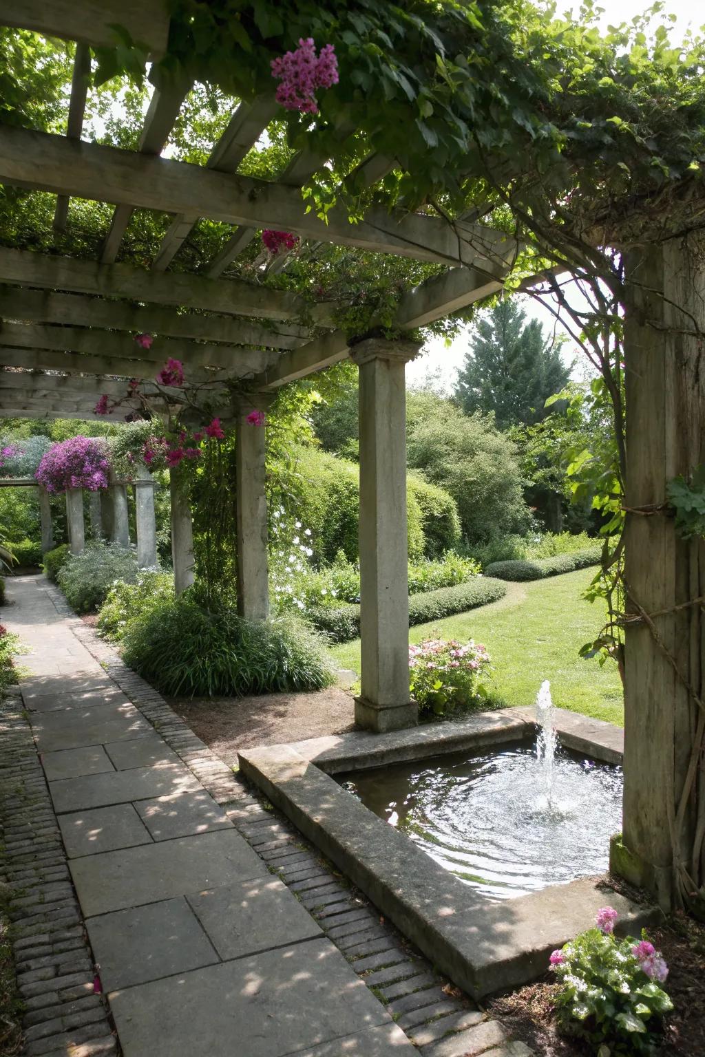 Water features add tranquility to shaded pergola spaces.