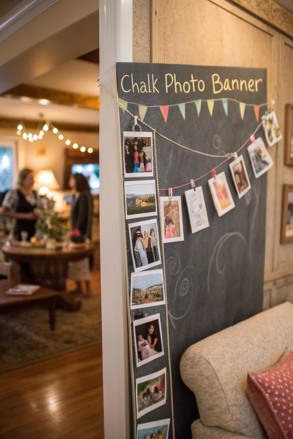 A chalkboard photo banner with personal handwritten notes.
