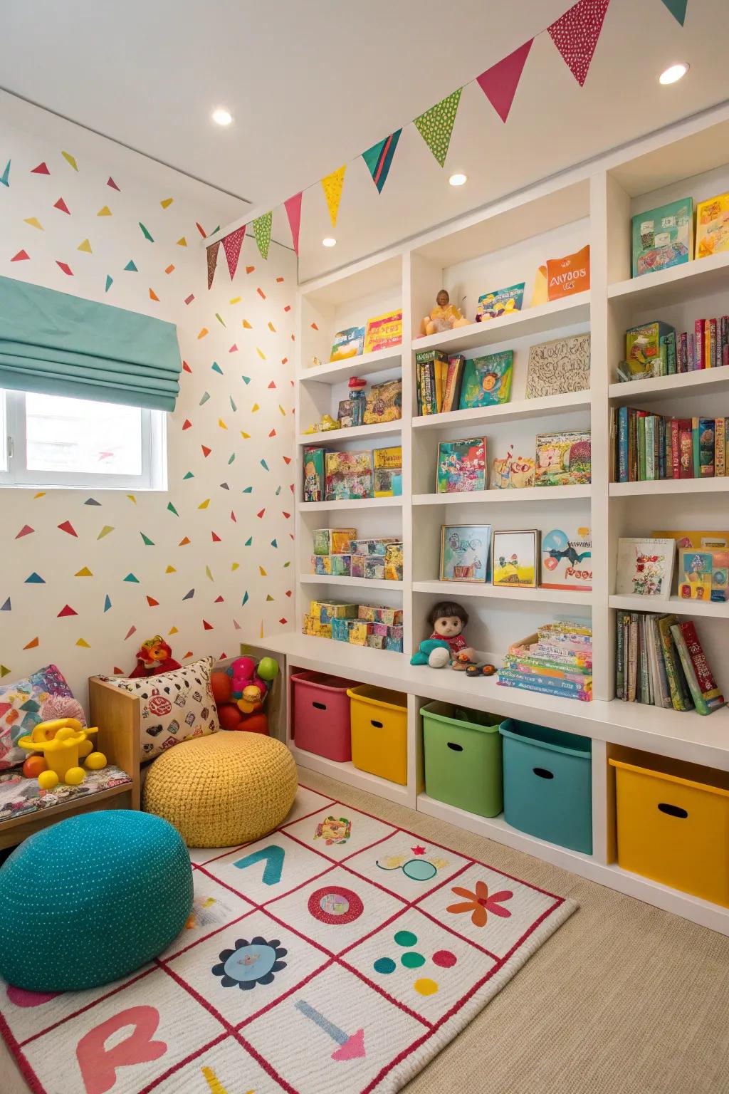 A colorful kids' nook filled with toys and playful design.