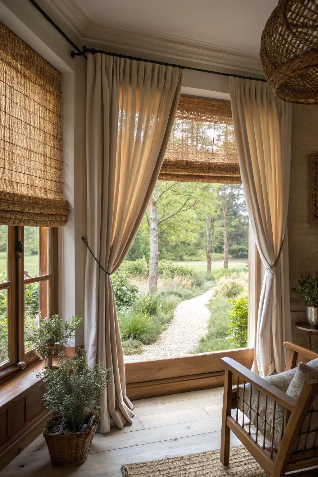 Welcoming setting with woven wood shades that add natural warmth to a picture window.