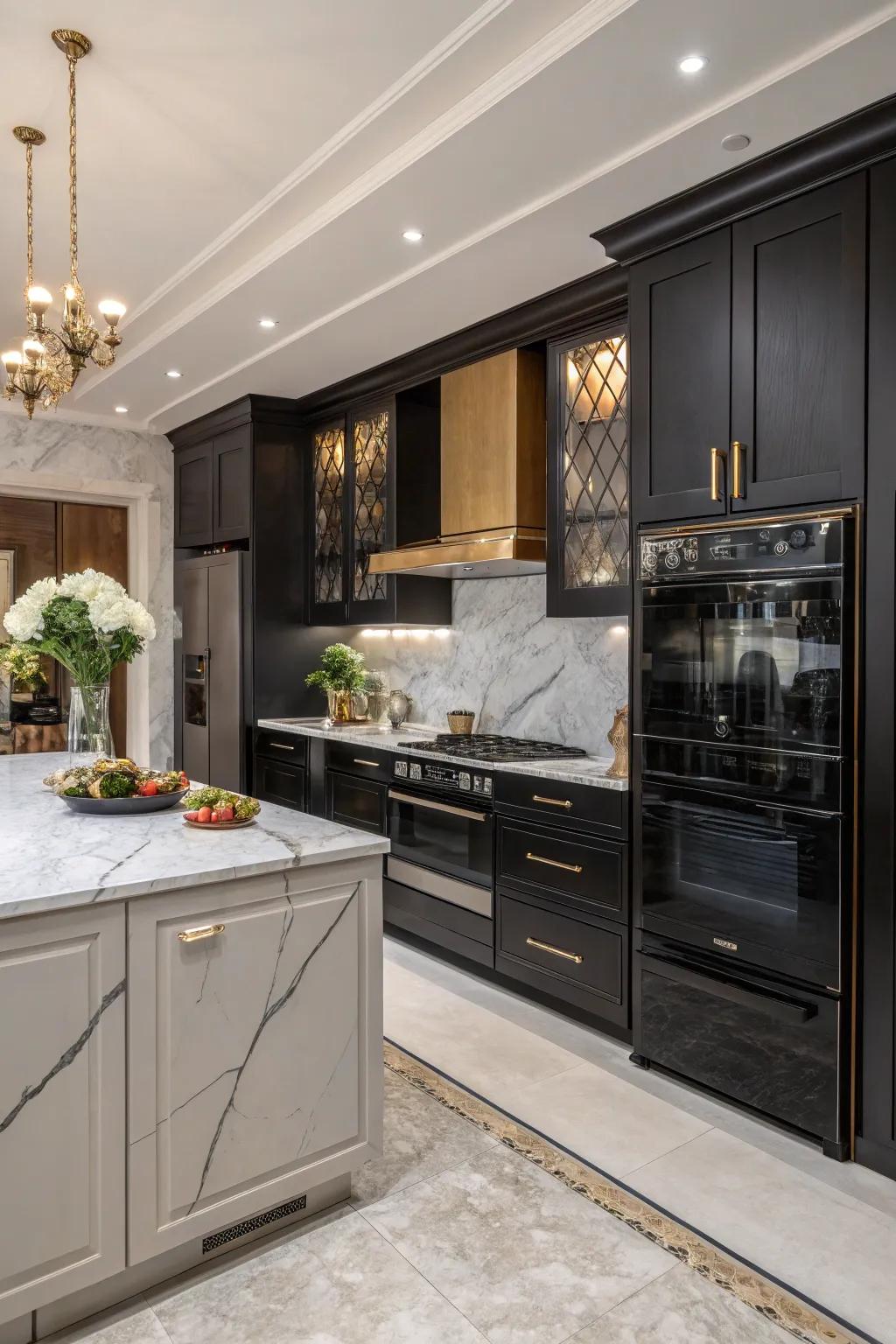 Marble and graphite appliances bring luxury to the cooking area.