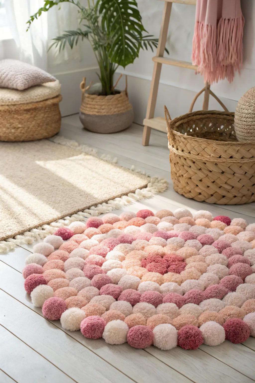 Embrace cozy elegance with this charming blush tuft floor covering, ideal for adding a bit of handmade beauty to your minimalist space.