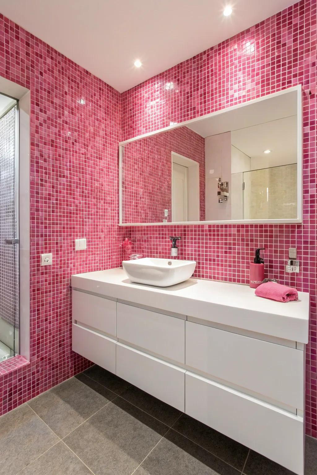 A striking statement wall that features rose mosaic tiles.