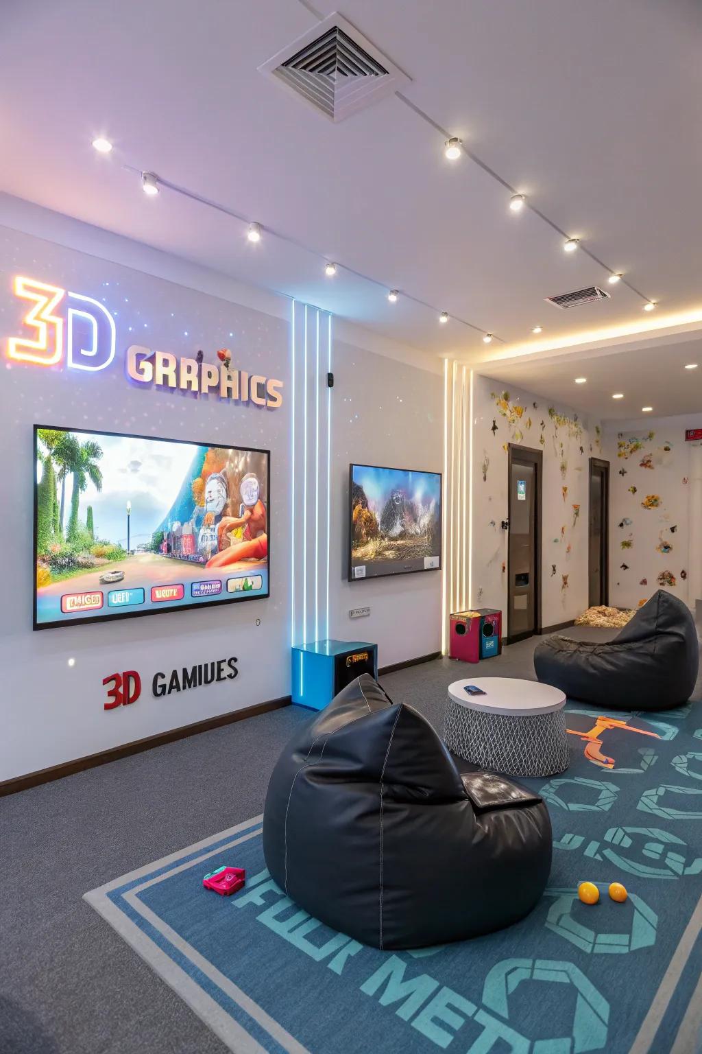 A 3D graphics wall art creating a futuristic vibe in a playroom.