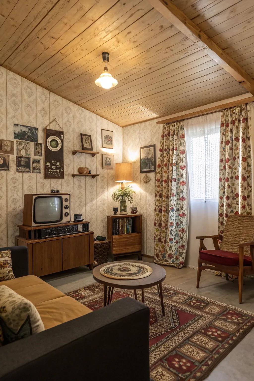 A classic era inspired plywood ceiling adding a nostalgic touch to the room.