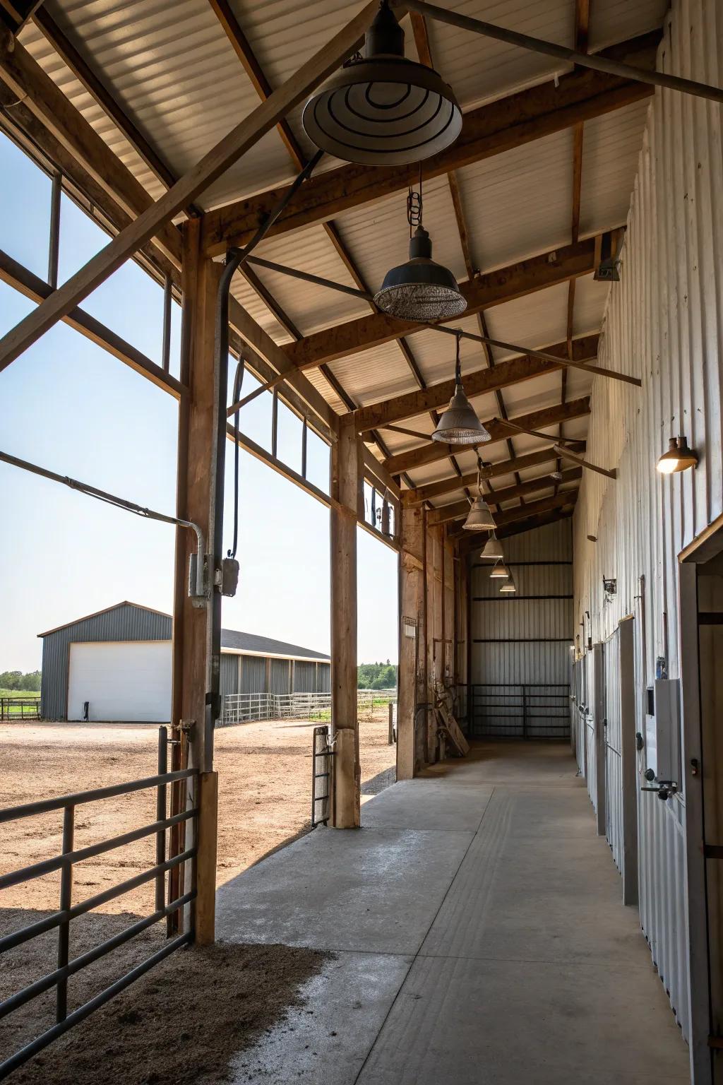 Exposed beams and metal fixtures are examples of industrial features in a pole barn.