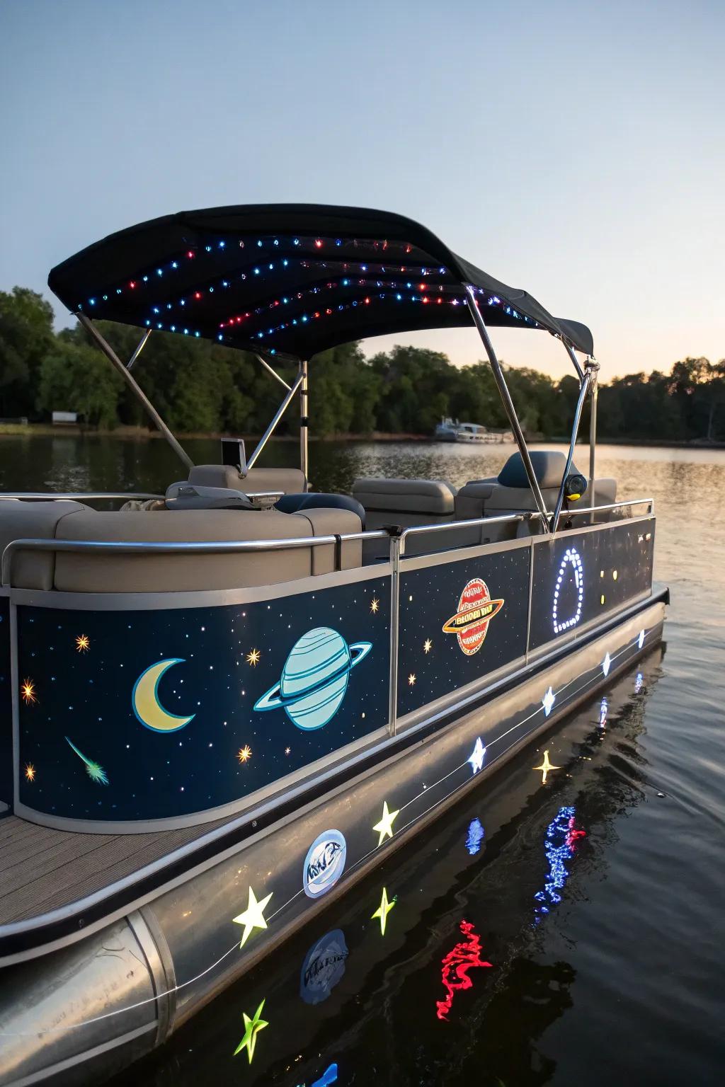 A space-themed pontoon boat with celestial decorations.