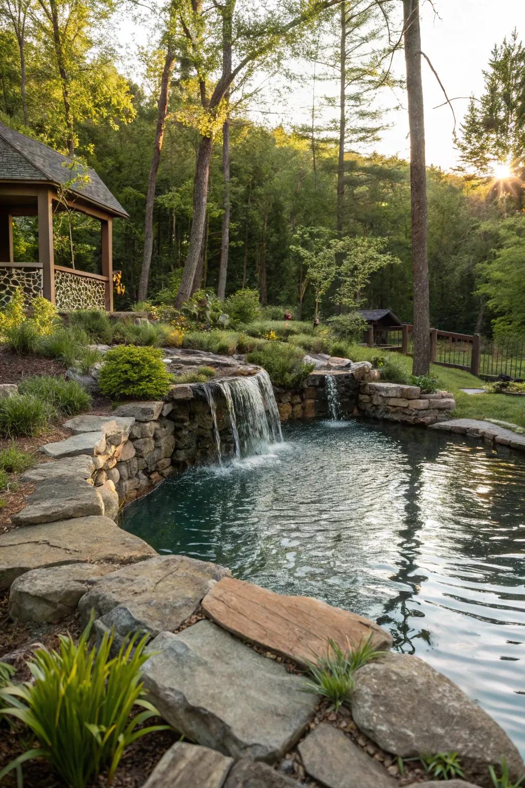 A pool pond equipped with a comforting waterfall feature.