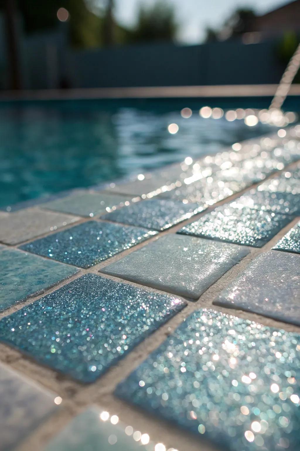 Glitter grout contributes a hint of glam to your pool tilework.