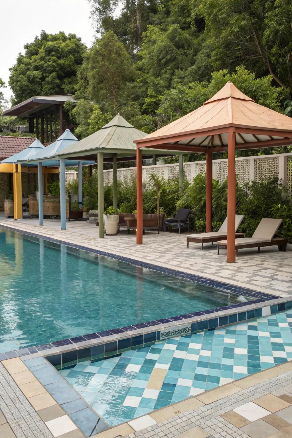 Color coordination creating a seamless and cohesive poolside aesthetic.