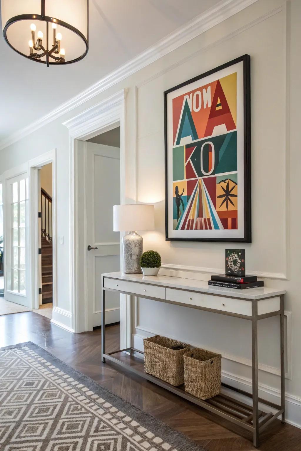 An abstract name display adding curiosity to an entryway.