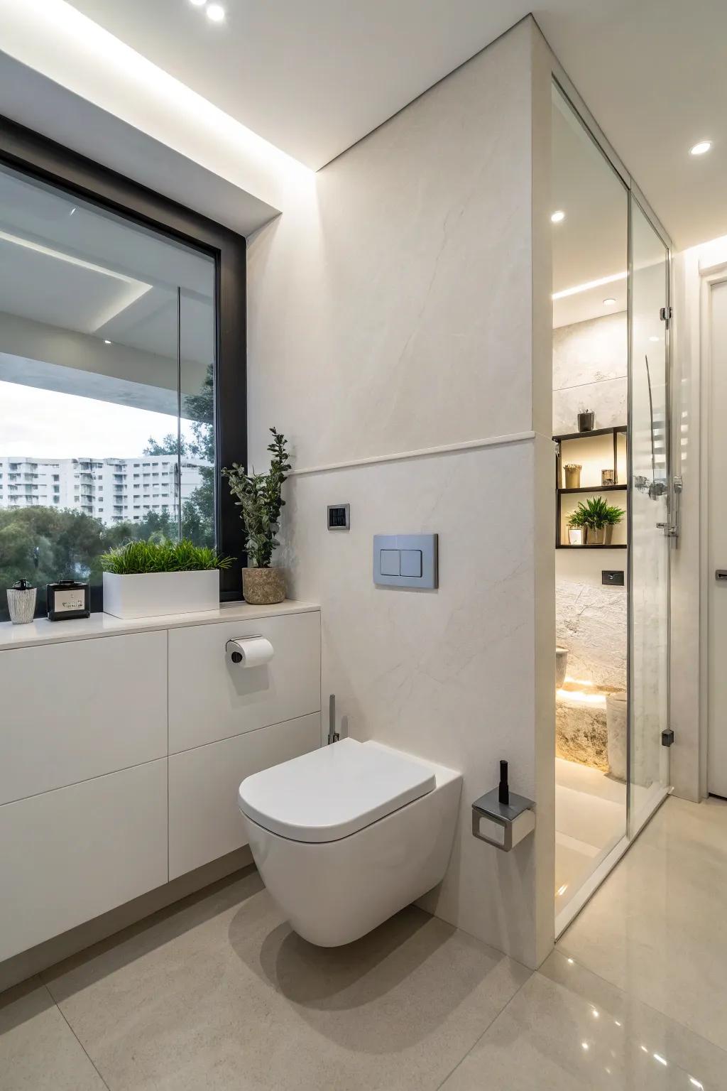 A modern powder room featuring a area-efficient wall-hung toilet.