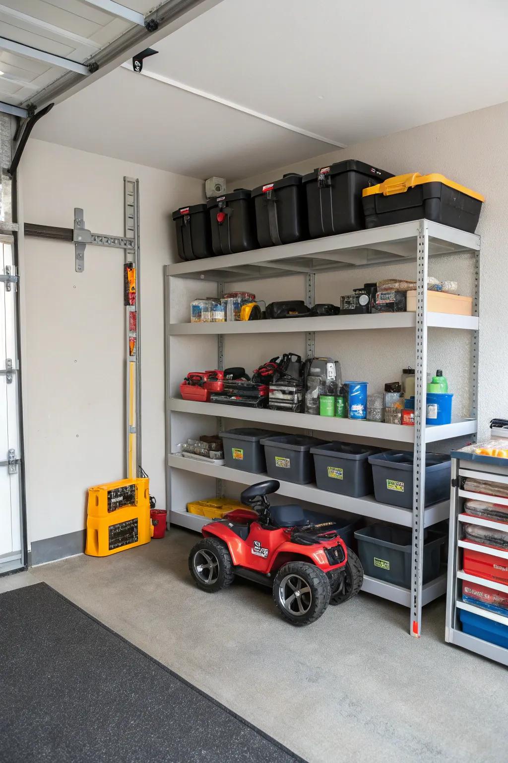 Corner shelves optimizing garage space for motorized toys.