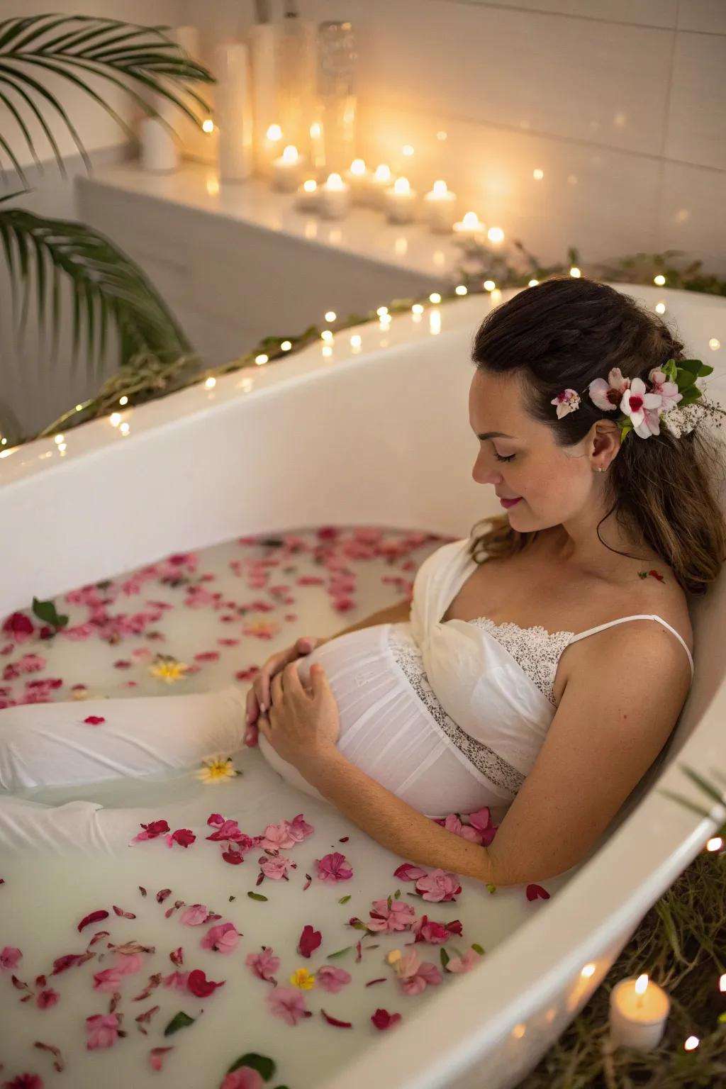 A bath in milk presents an ethereal and artistic photoshoot setting.