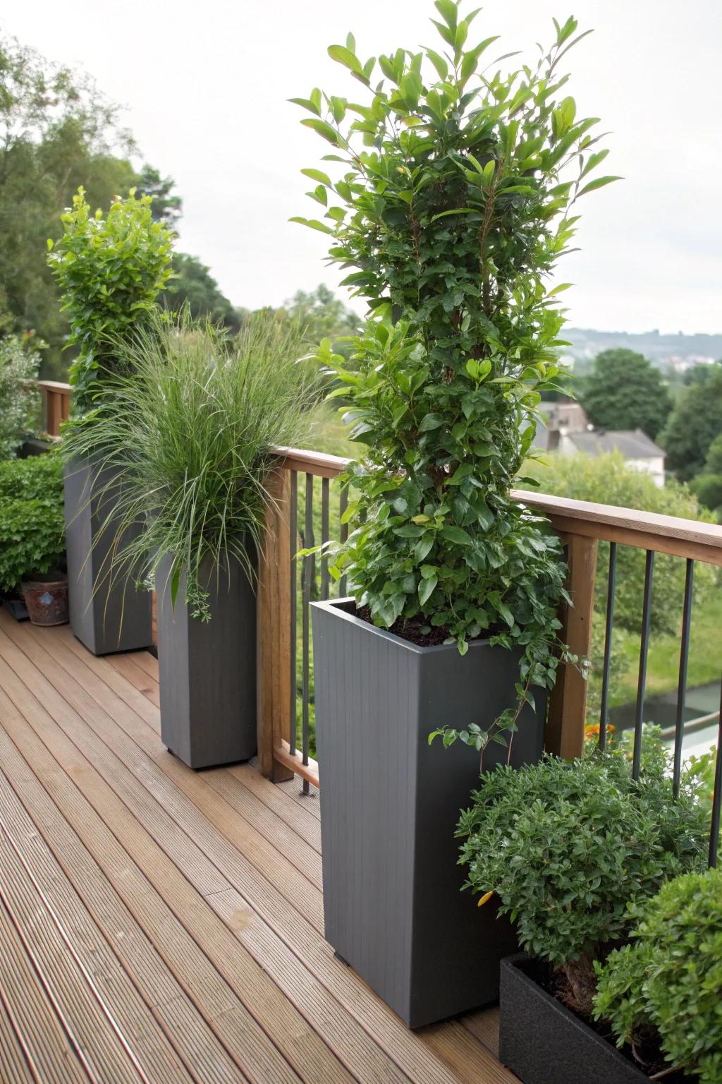 Lofty planters serve as organic seclusion obstacles on a deck.