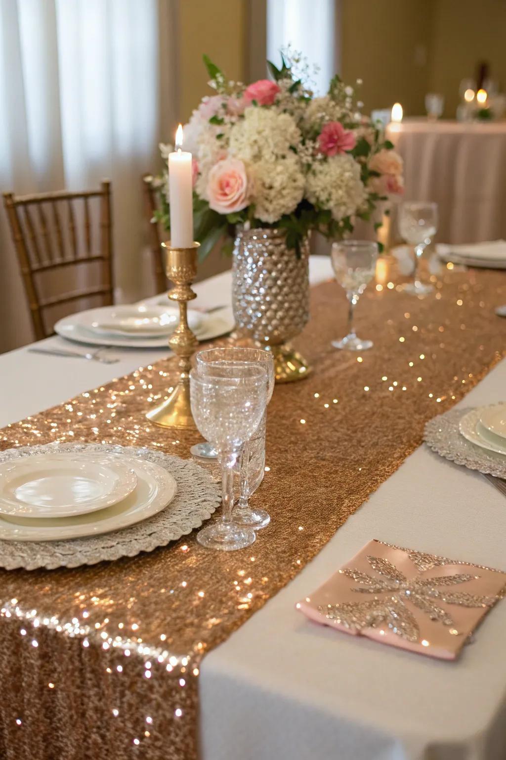 Glamorous table covers contribute sparkle and elegance.