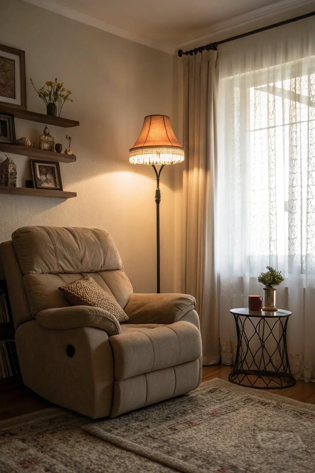 A welcoming dwelling space showcasing an illuminating device that enhances the reclining sofa's precinct.