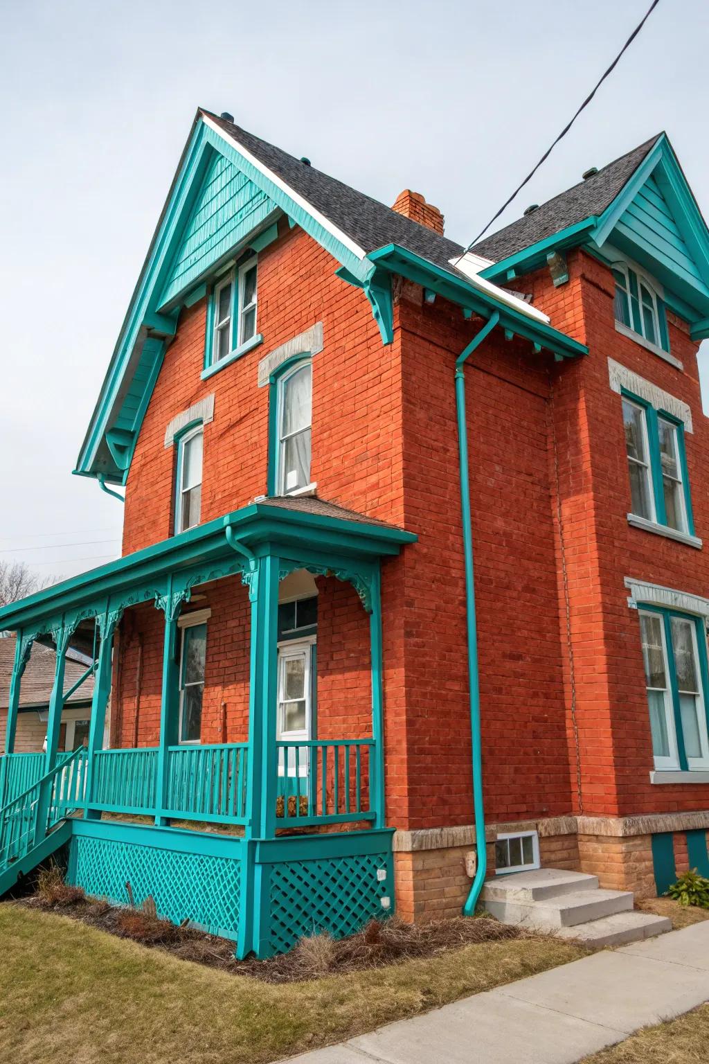 Teal trim injects an energetic and bold burst of color into red brick houses.