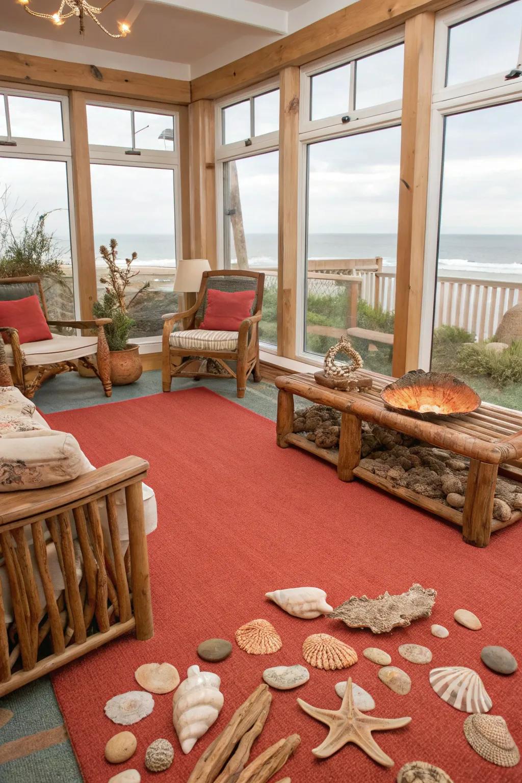 A coral scarlet carpet brings a unique coastal theme to life.