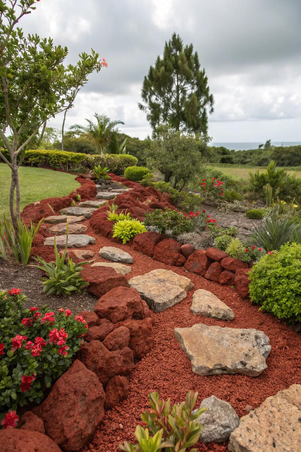 Inventive arrangements of scarlet volcanic stones add an artistic element to the garden.