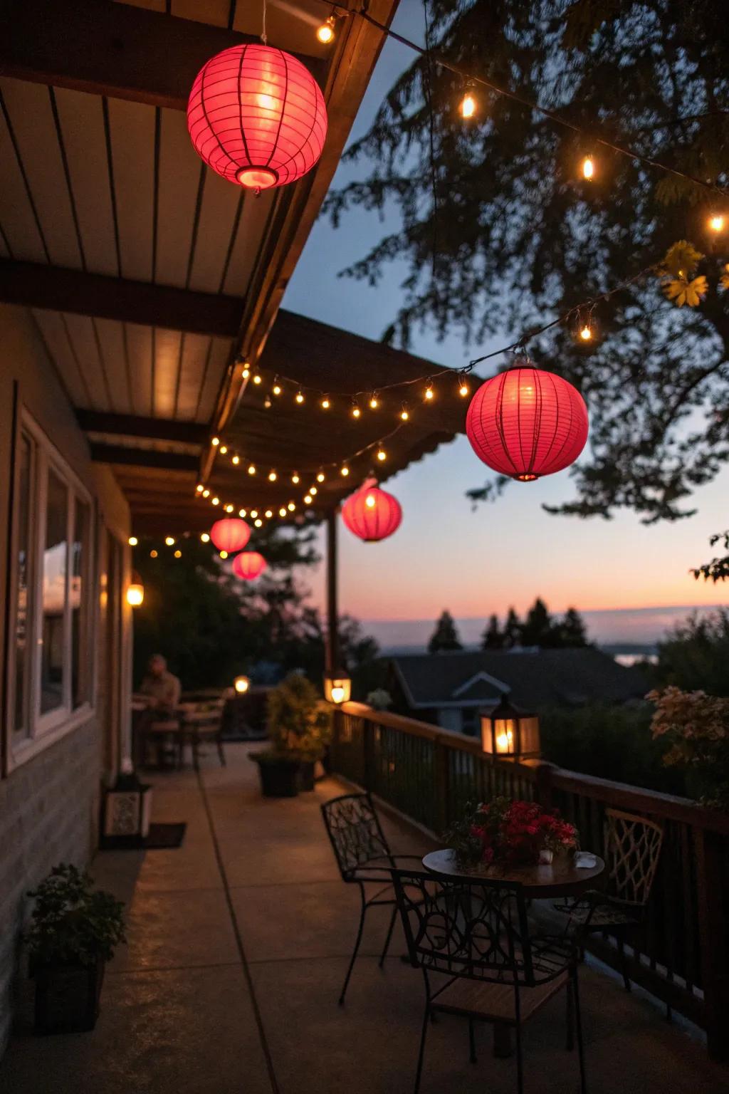 Scarlet lanterns create a warm, inviting atmosphere.