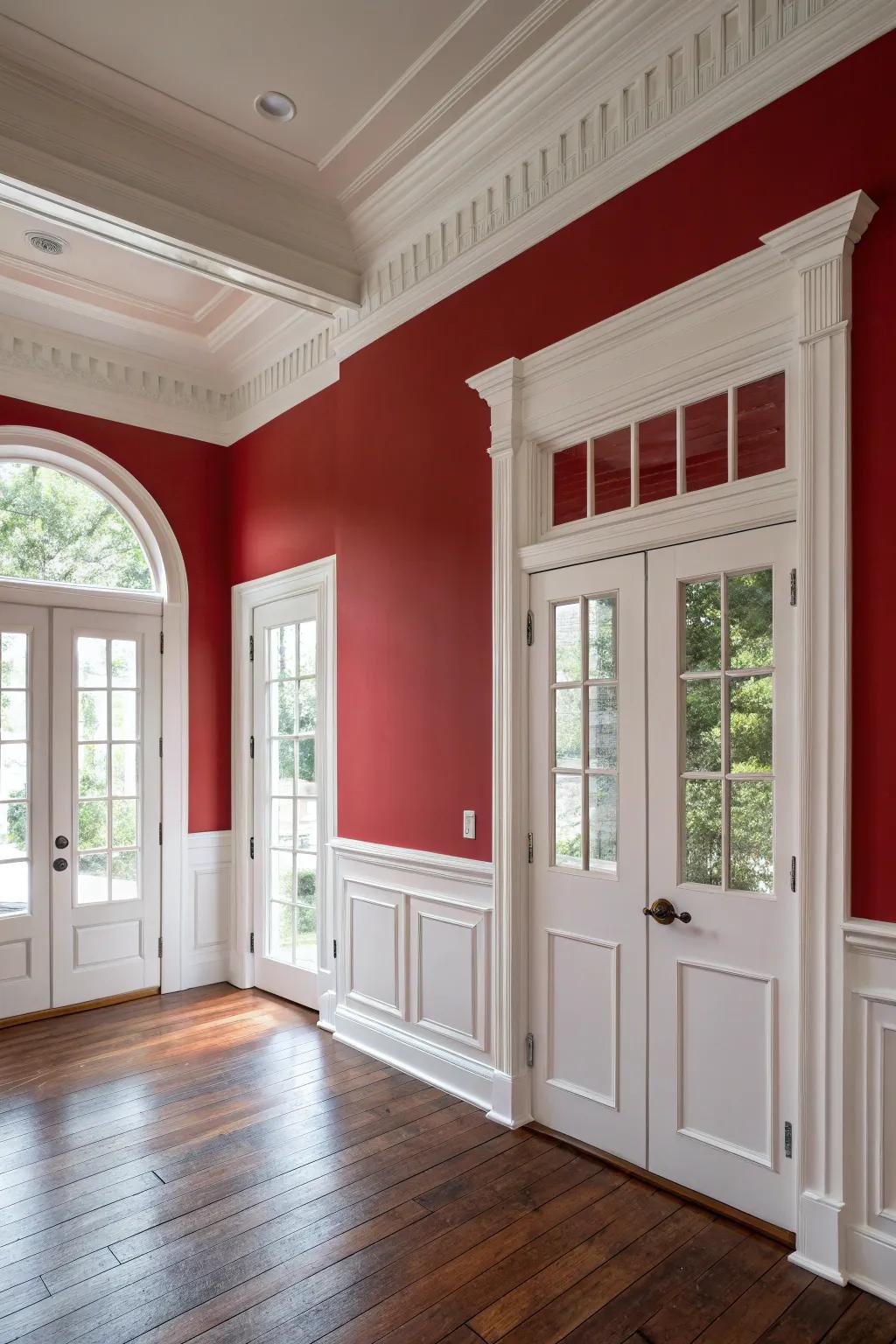 White trim offers a crisp contrast to the striking red walls.