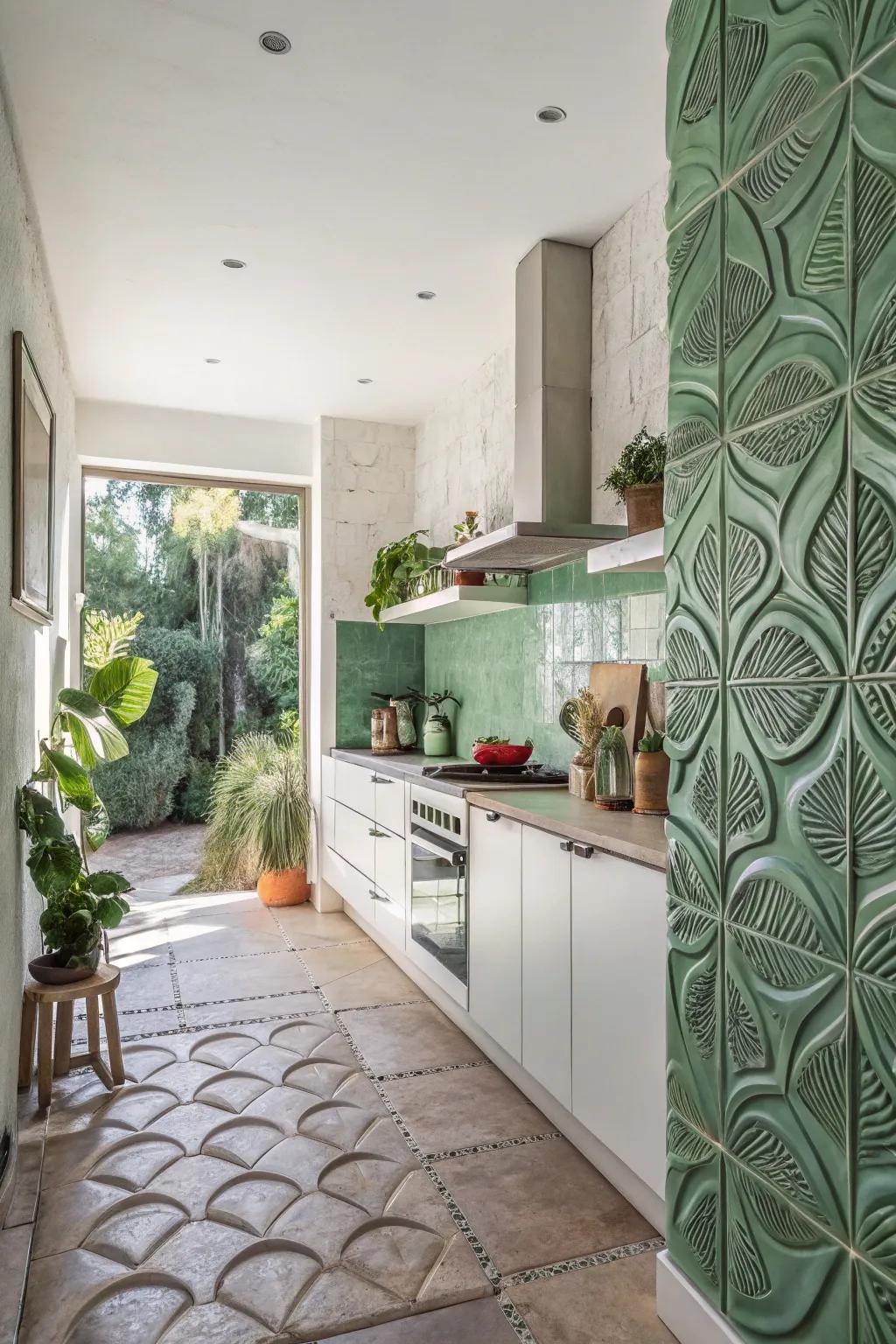 Botanical relief tiles bring a revitalizing vibe to the kitchen.