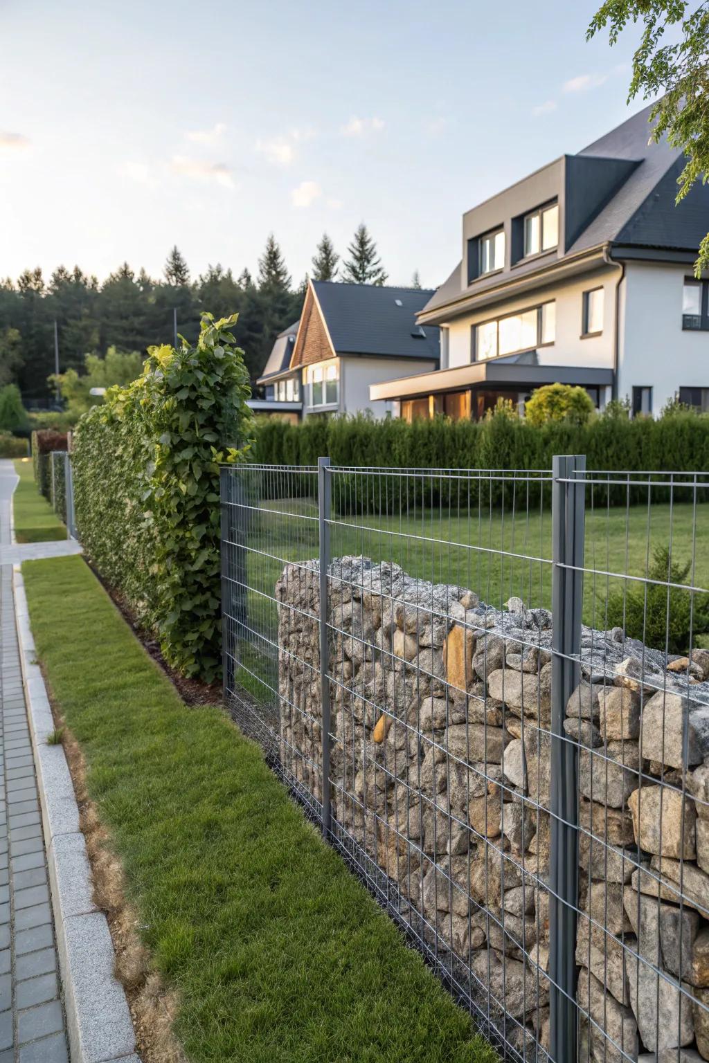 Gabion partitions integrate raw materials, creating a textured and durable fence.