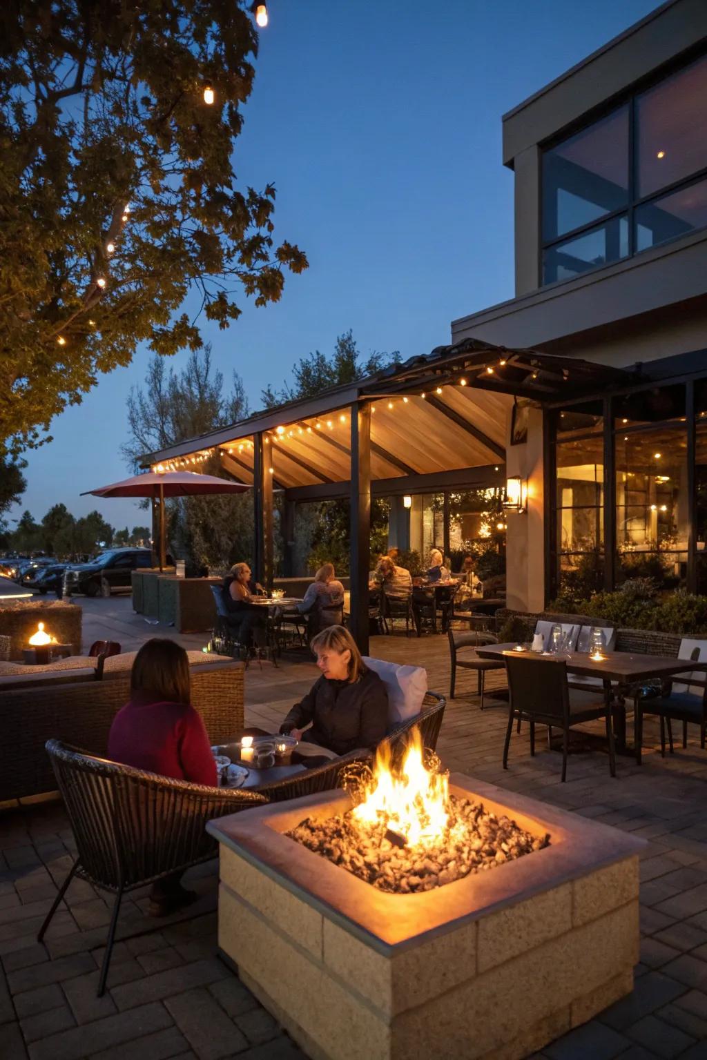 A hearth infuses warmth and ambiance into outdoor gatherings.