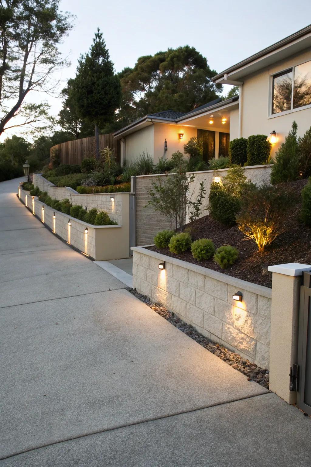 A residential driveway stylishly framed by border walls, boosting curb appeal.