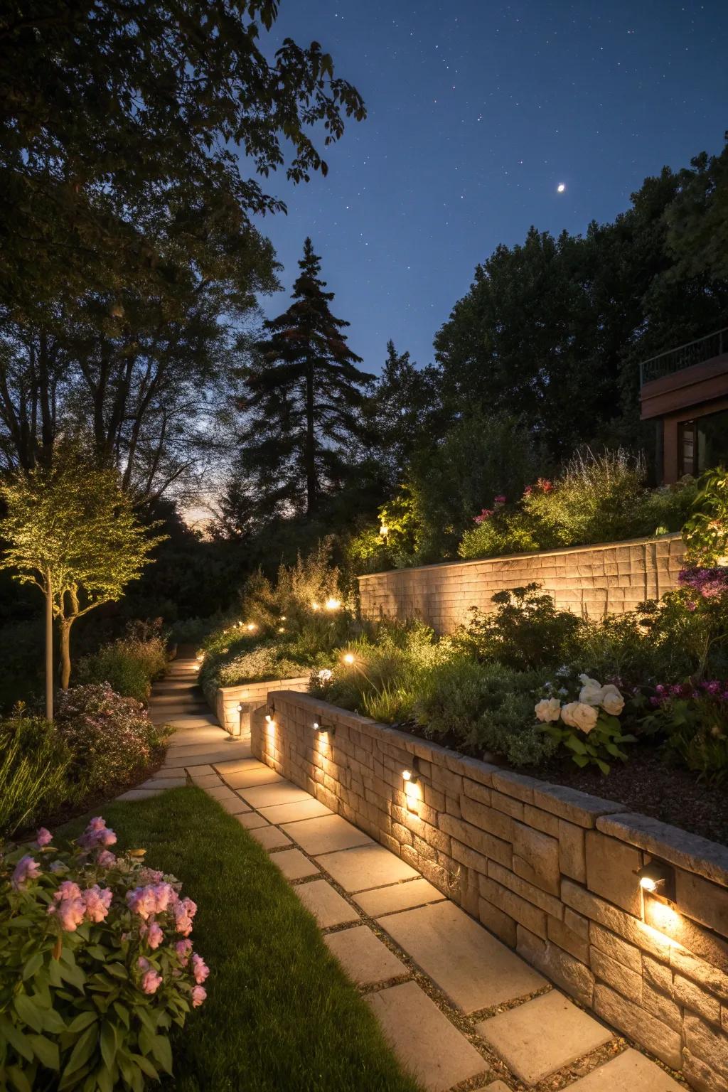 Illuminated accents impart drama and safeguard retaining partitions.