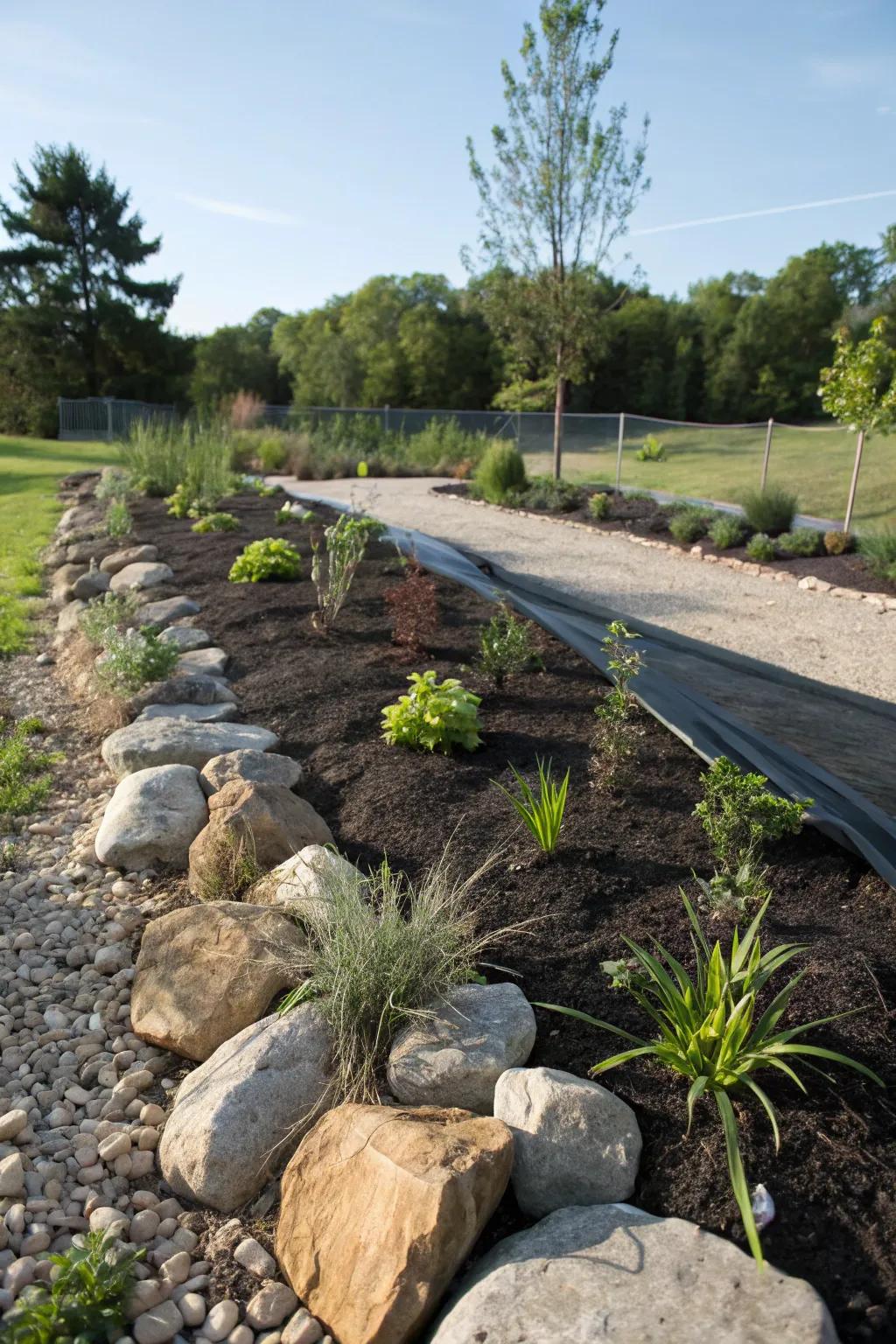 Stone ground cover offers lasting coverage and a tidy visual.