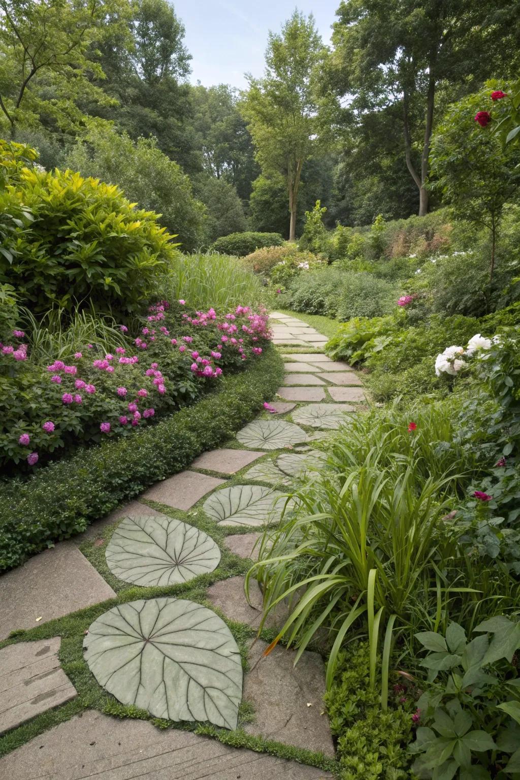 Foliage-shaped stones add a playful touch to garden routes.