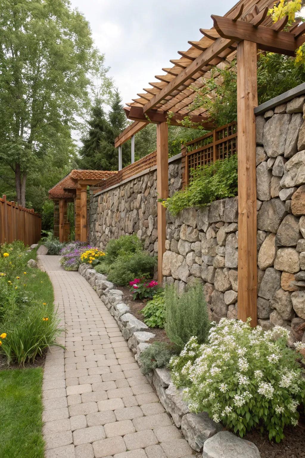 Blended materials such as wood and stone create a diverse garden charm.