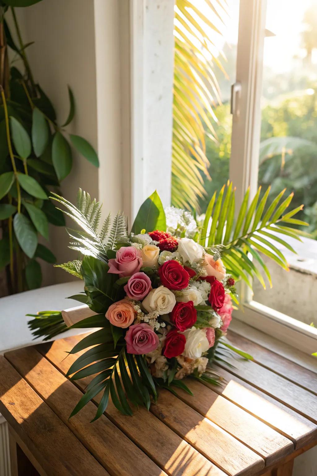 Exotic floral ambiance blending roses and lush greens.