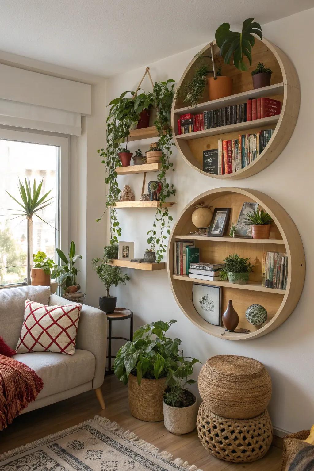 Living space featuring functional round shelves that present decorative items.