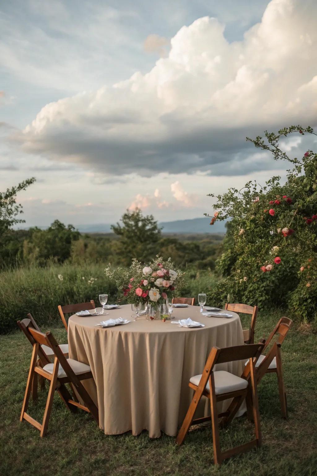 Earth tone table covering blending with natural surroundings.