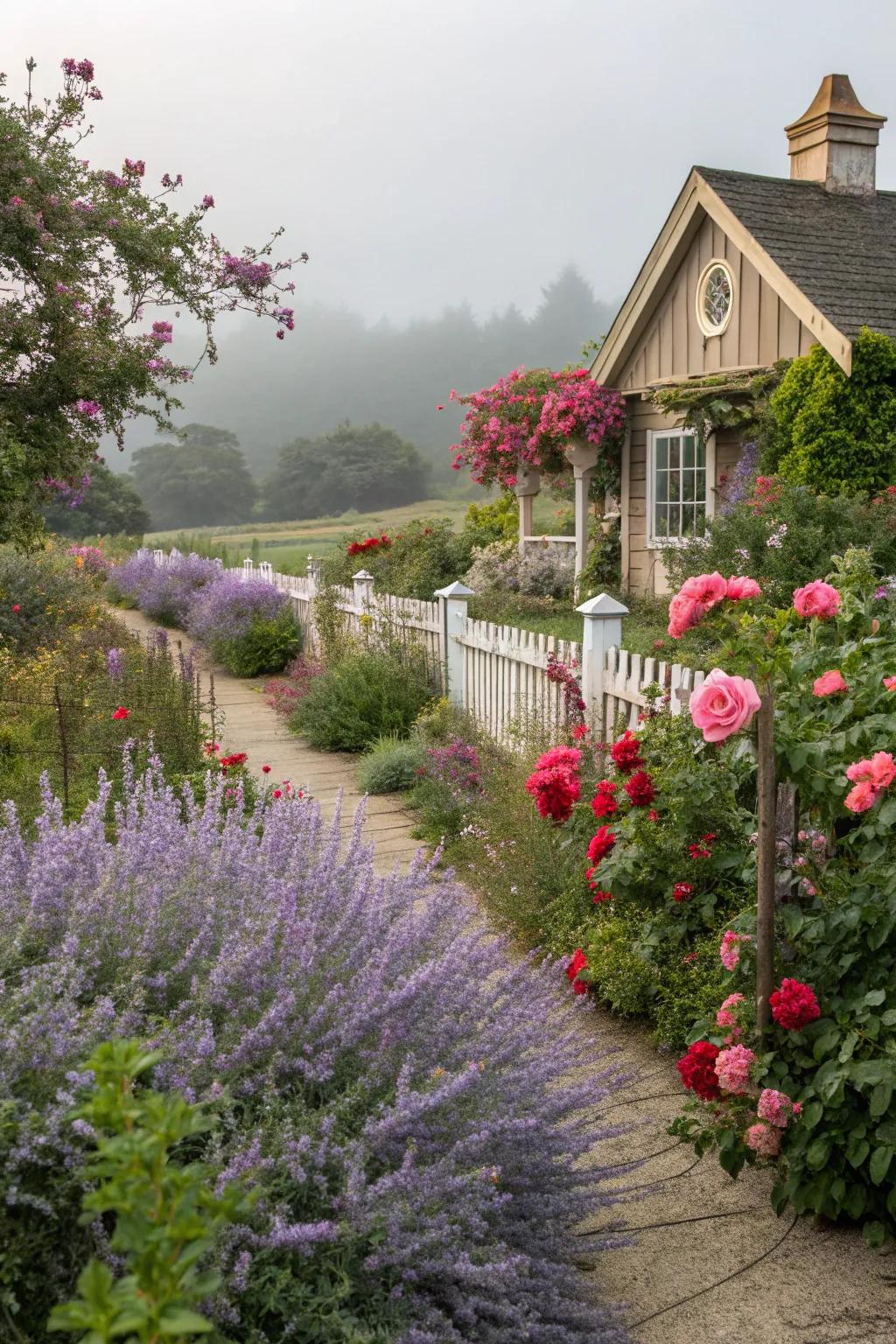 A romantic cottage garden featuring azure blooms and roses.