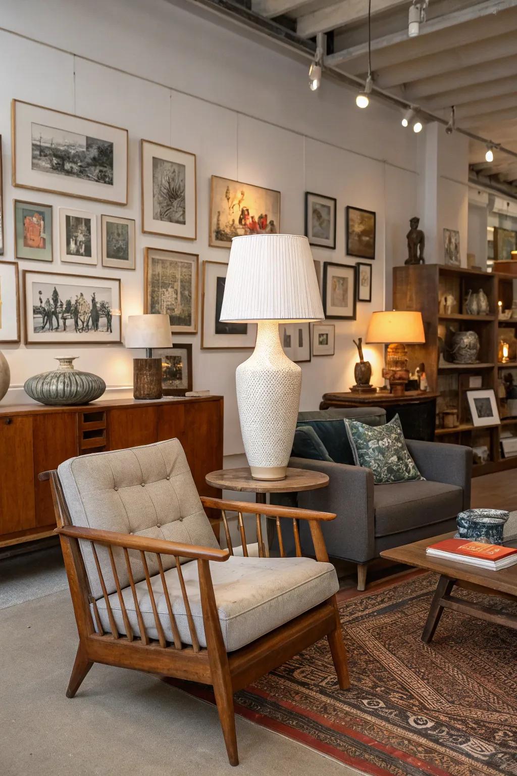 A mix of modern and vintage pieces creates a dynamic look.