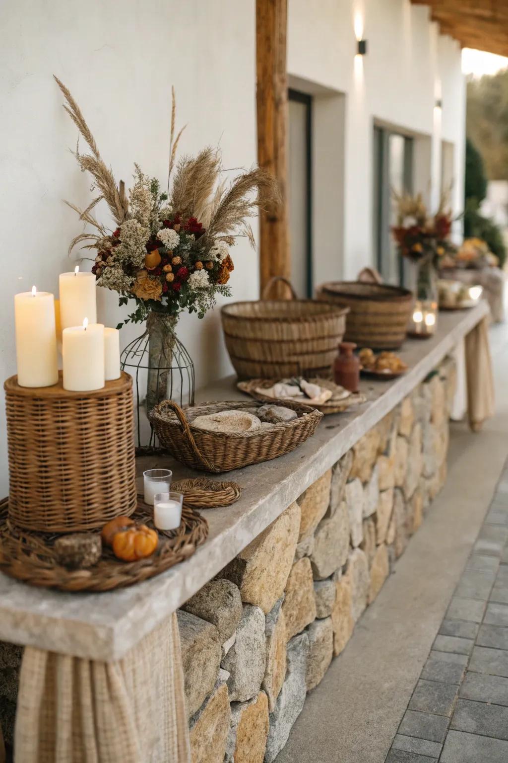 Natural rock accents provide an earthy grounding to the rustic buffet.