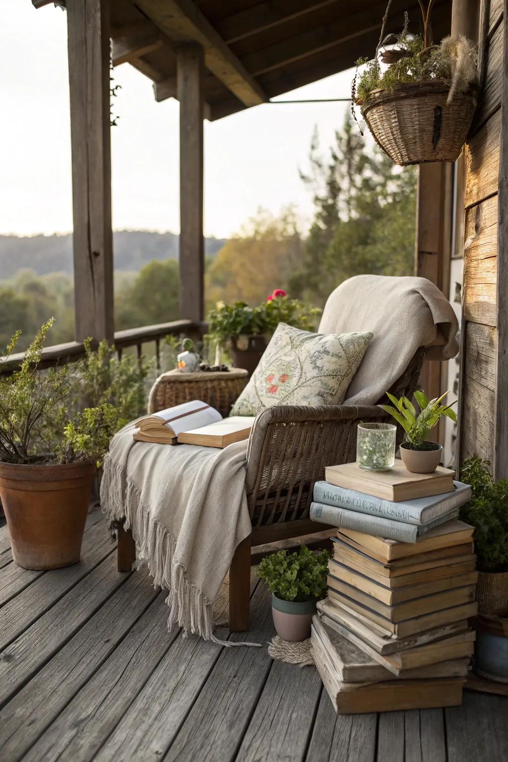 A reading nook is a perfect retreat on this countryside deck.