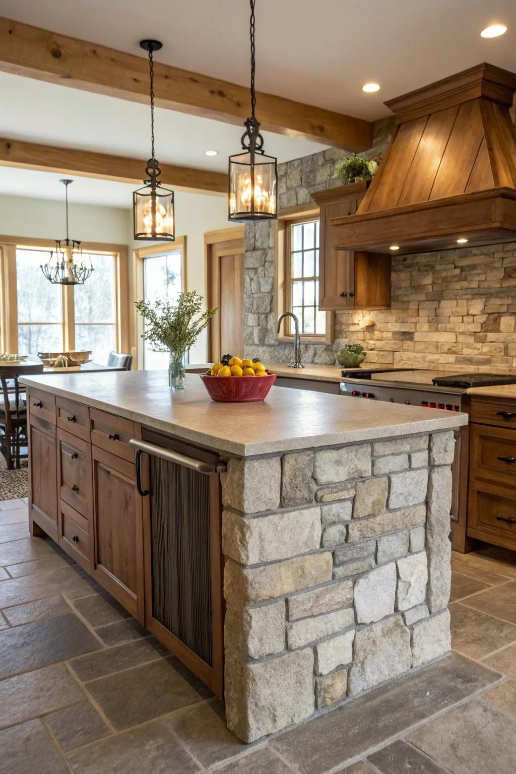 A countryside kitchen island enhanced by a stone tile backsplash.
