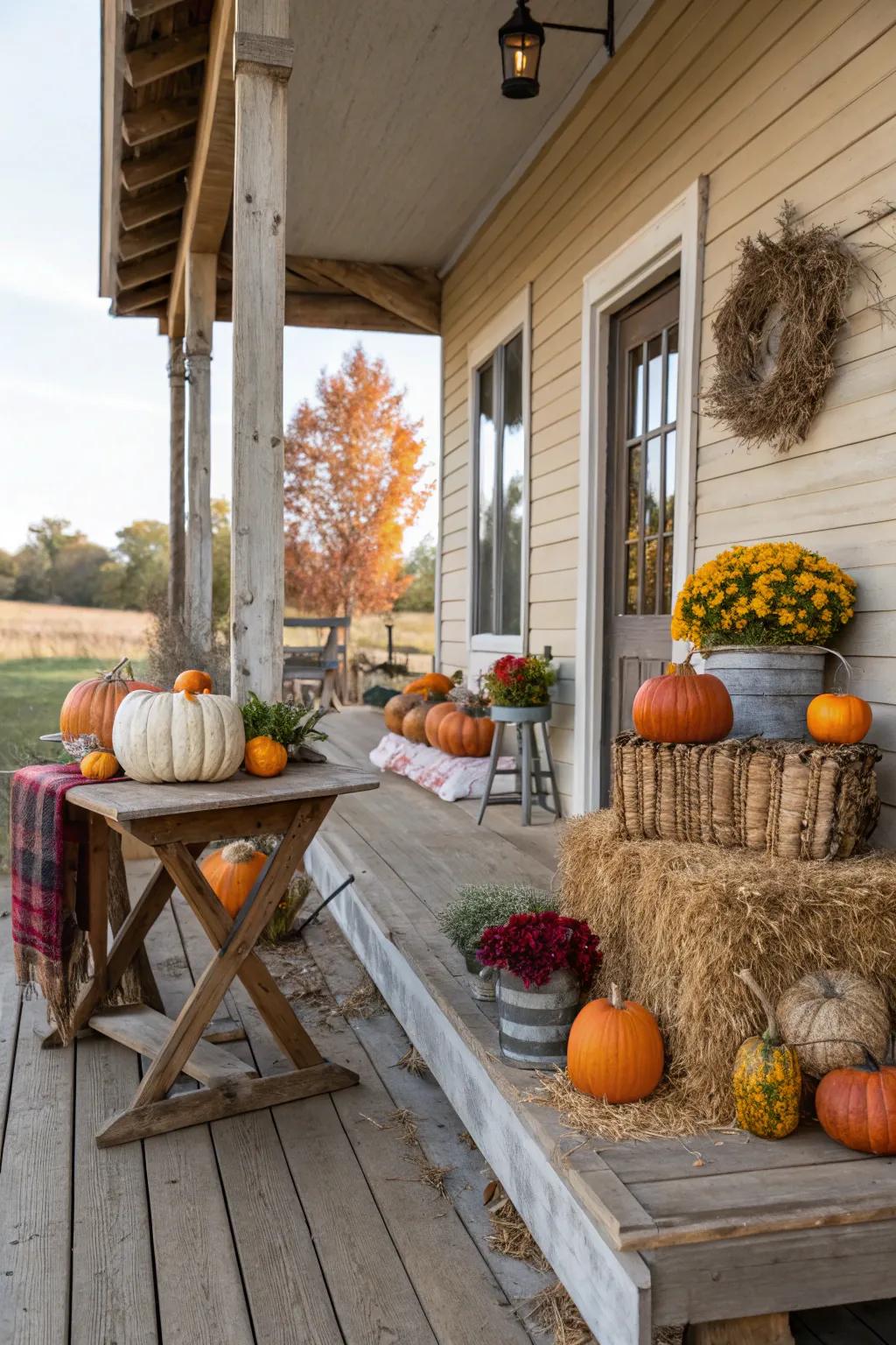 A raw table serves as a focal point on this farmhouse porch.