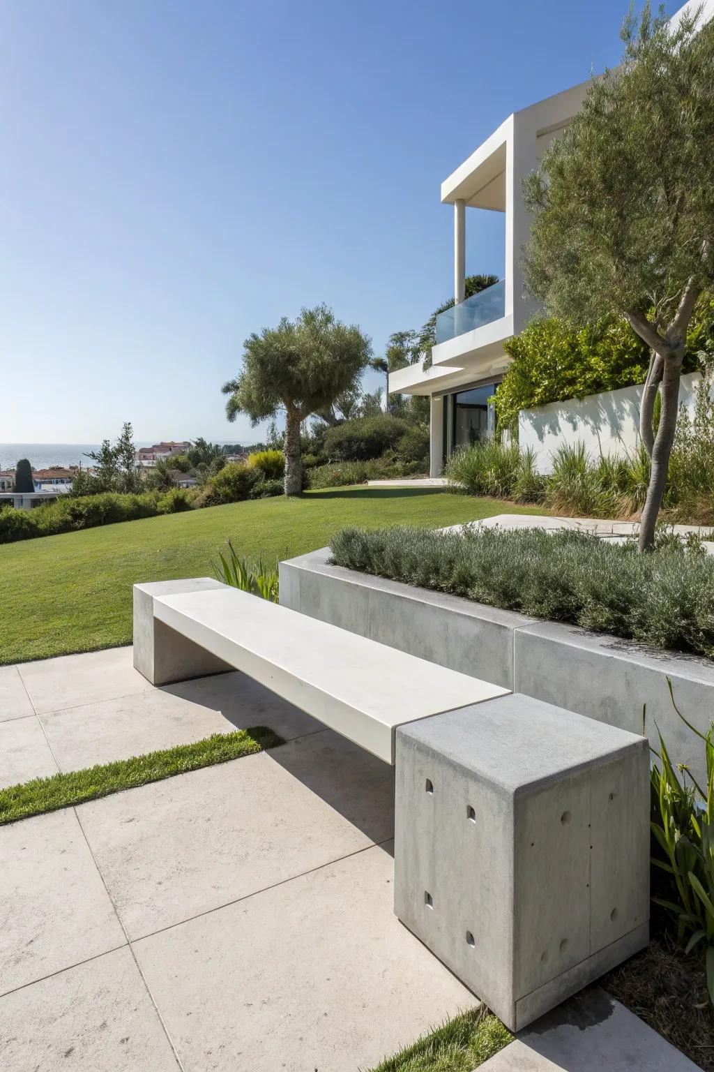 An industrial concrete seat providing a modern garden touch.
