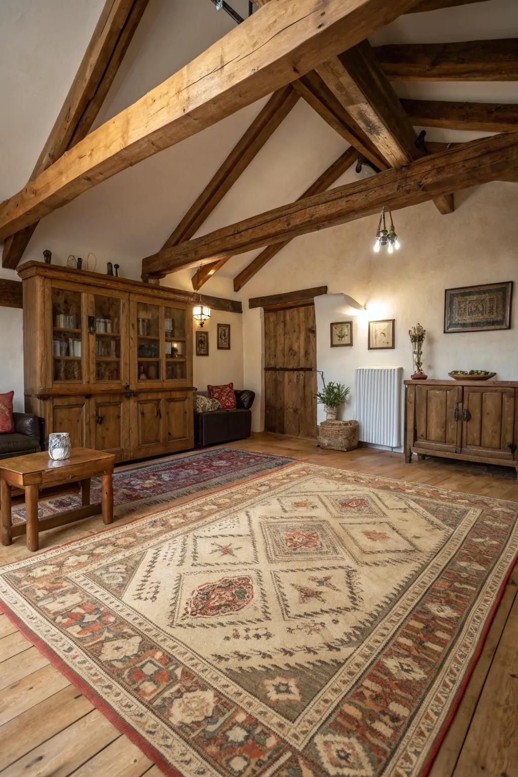 A bygone floor covering imparts warmth and texture to this countryside area.