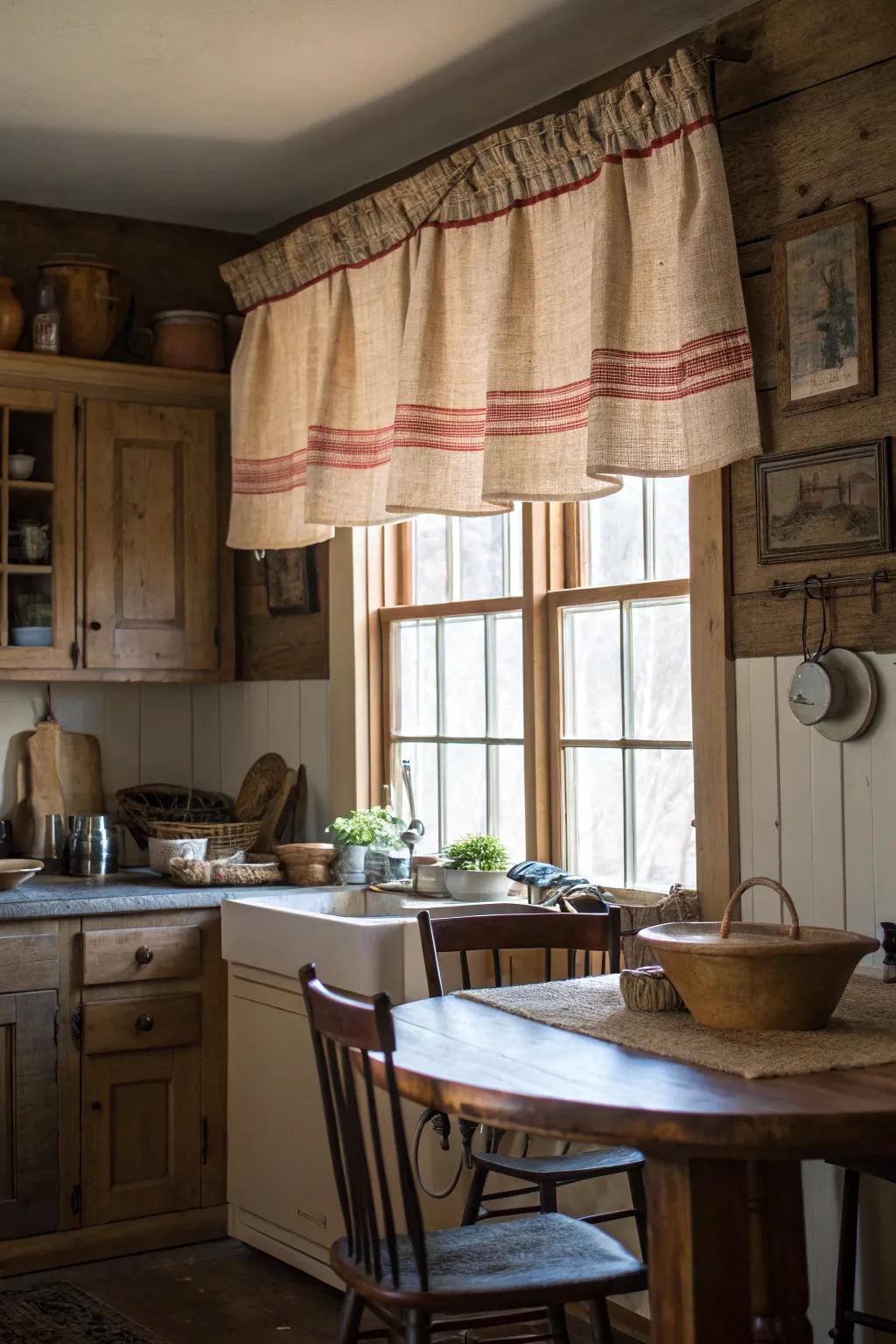 A homestead-style culinary space featuring a valance fashioned from a vintage grain sack, incorporating unrefined allure.