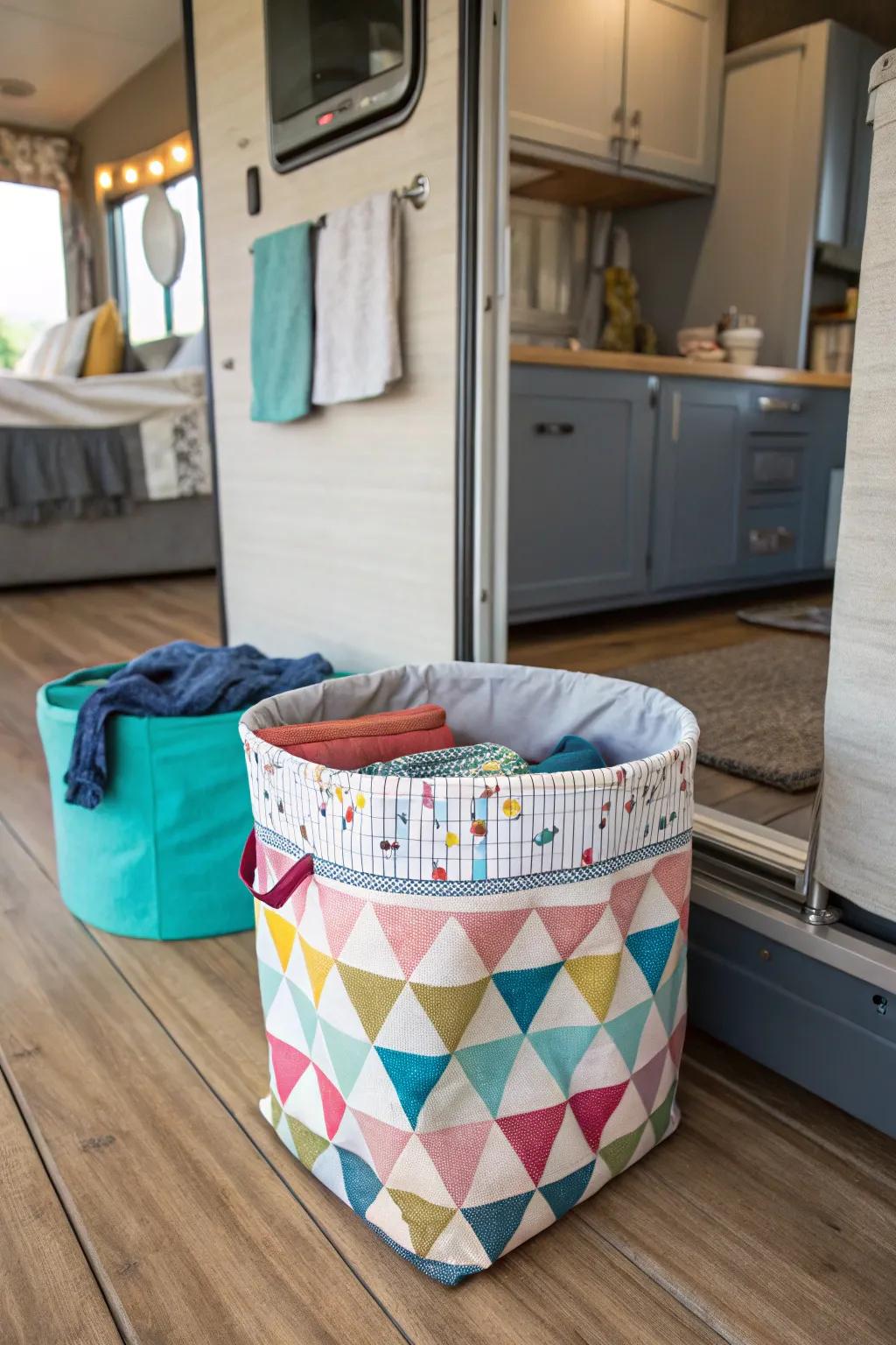 A personalized hamper adds a homely feel to the RV.